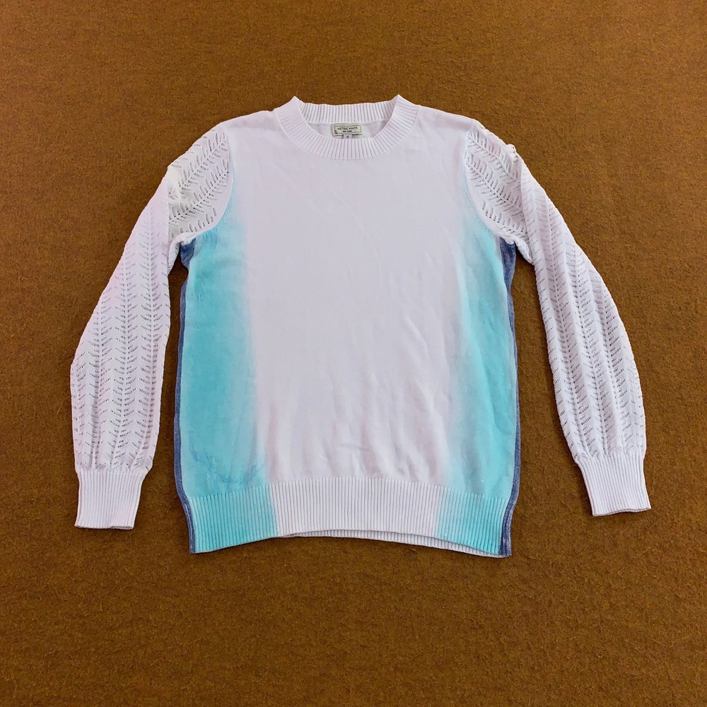 Metric Knits Womens Small White Turquoise Crochet Sleeve Crewneck Sweater